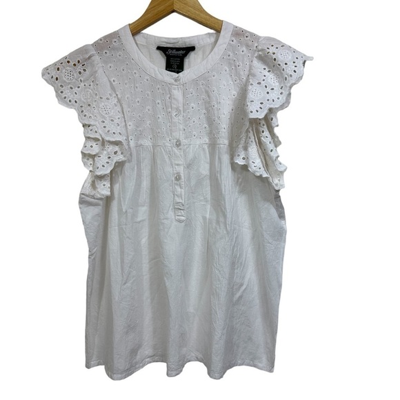 White Ruffle Eyelet Smock Blouse Top - Picture 1 of 8